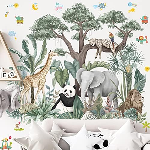 Tropical Rainforest Animals Plants Wall Stickers, Removable Cartoon Elephant Giraffe Nordic Plant Wallpaper Decor, Peel and Stick Art Murals for Kids Bedroom Background Nursery Home Decorations (C)