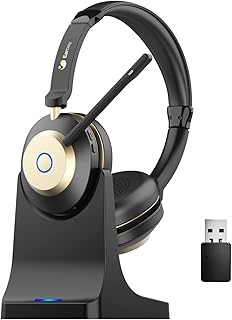 Bluetooth Headset, Wireless Headset with Microphone for PC, Wireless Headphones with Mic Noise Cancelling/Mute/Charging Dock/USB Dongle, 45hrs Dual Connect Computer Cell Phones Teams Skype Zoom (Gold)