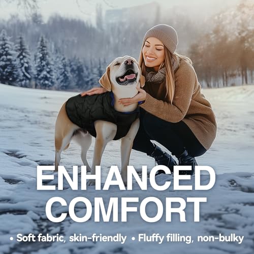 VIVAGLORY Softjoy Hundemantel, Wintermantel mit Bauchschutz, Hundejacke für Winter & Weihnachten, Warm Softshell Kariert Schnittmuster Verstellbar, L, Schwarz Blau