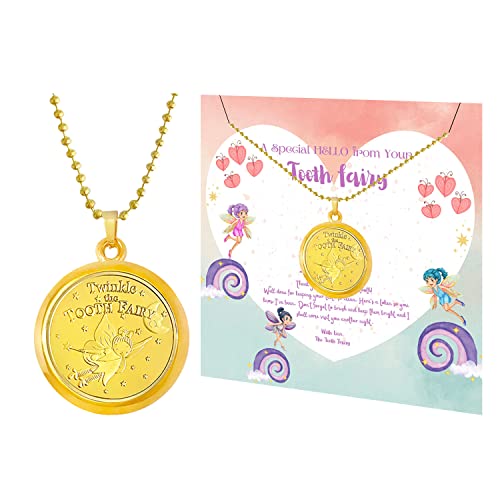 Tooth Fairy Gifts Tooth Necklace for Lost Teeth, 18K Gold Plated Fairy Wings Pendant