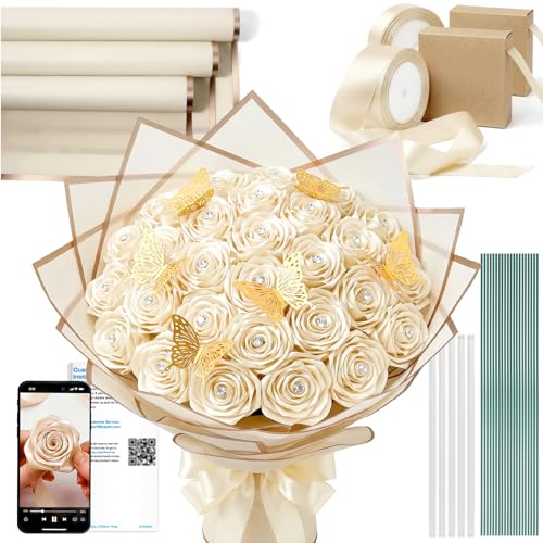 Caydo Ivory Ribbon Rose Bouquet for 2026 Graduation Gifts 91PCS Ribbon Flower Making Kit with Floral Stem Wire Wrapping Paper Glue Stick 3D Butterfly & Diamond Pins