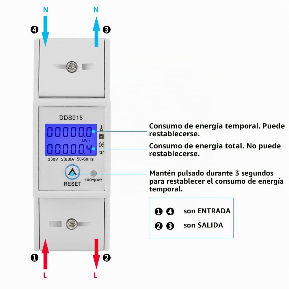 Jadeshay Contador Electrico Monofásico DDS015 Medidor de Consumo Electrico 5-80A 230V 50Hz con Pantalla LCD Retroiluminada Reiniciable Montaje en Carril DIN