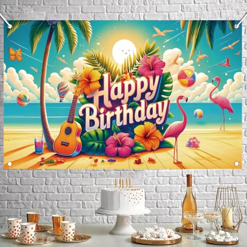 Image of Summer Happy Birthday Backdrop Banner Tropical Hawaiian Flamingo Flowers Palm Leaves Photography Background Aloha Beach Baby Shower Luau Party Supplies Photo Booth Props 71 x 43 Inch