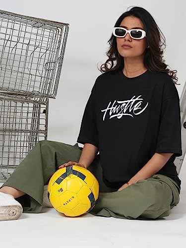 Image of Veirdo Pure Cotton Oversized Half Sleeve Round Neck Graphic Back Hustle Monster Printed Black T-Shirt for Women