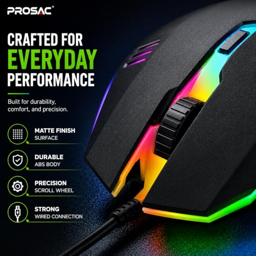 Image of PROSAC Ergonomic RGB Wired Mouse | 3-Button Optical Gaming Mouse | USB Plug & Play for Windows PC, Laptop, Mac & Desktop