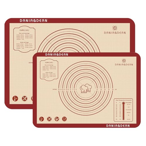 Image of Silicone Baking Mat Kit, DANIA&DEAN Food Grade Silicone Baking Mats set of 2, Rolling Pin, Dough Scraper, Oil brush, Cookie Cutters set of 2, for Cookie, Macaroon, Pizza, Pastry (Red Brown)