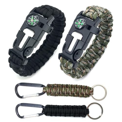 FIMWOLZ 2 Pcs Survival Armband mit Pfeife Feuerstein und Kompass Multifunktionales Paracord Armband für Outdoor-Aktivitäten mit 2 Paracord Armband