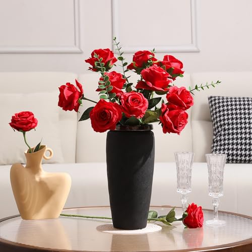 Image of Tifuly 12PCS Rose Artificial Flower, Single Stem Fake Floral Bridal Wedding Bouquet, Realistic Blossom Flora for Home Garden Party Hotel Office Decorations (Red)