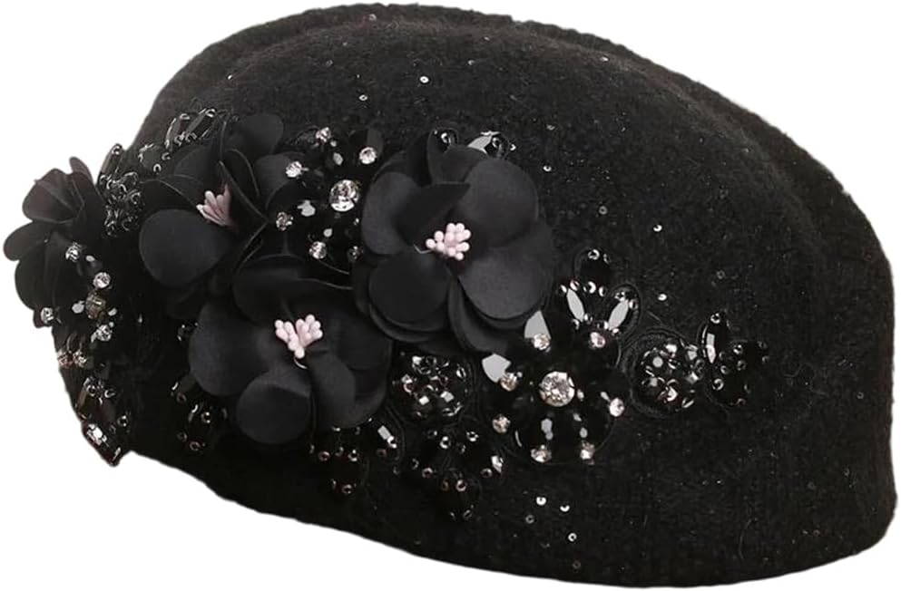 Winter Retro Elegant Sequin Flower Knitted Beret Hat Painter Cap