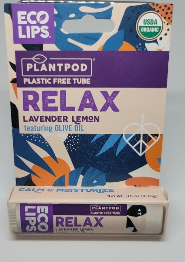 Eco Lipt Relax Lavender Lemon con bálsamo labial de aceite de oliva USDA Organic Plantpod Free Tub 0.15 oz