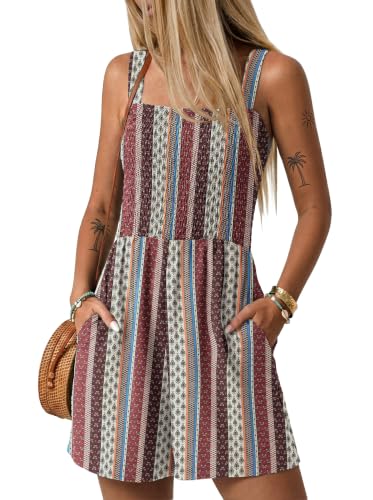 Image of Womens Rompers for Summer Casual Smocked Jumpers Overalls Square Neck Jumpsuits with Pockets Beach Vacation