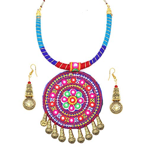 Khf Girls Alloy Brass Traditional Navratri Necklace And Earrings Set In Red Color -(5-15 Years)