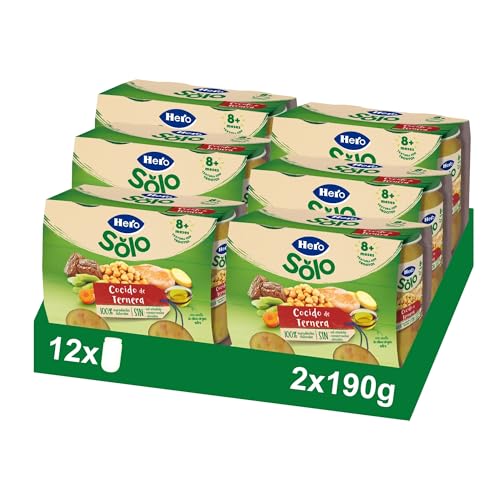 Hero Baby Tarrito Infantil - Tarritos Recetas Caseras de Cocido de ternera, Sin Aceite de Palma , Sin Sal Añadida, Bebé desde 8 Meses, Ingredientes 100% naturales, 6 Packs de 2x190gr