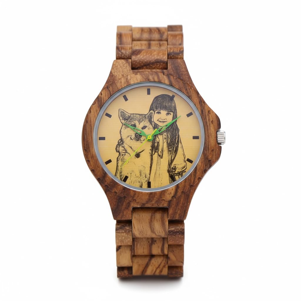 Reloj de madera personalizado para hombre, esfera fotográfica de línea blanca y negra, carcasa trasera grabada, reloj de pulsera de madera de bambú marrón de 40 mm con pulsera de eslabones, regalos