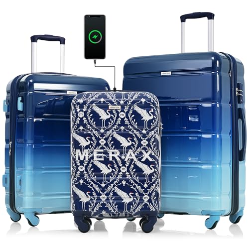 Image of Hardside Luggage Sets, Lightweight Stripes Suitcase with Spinner Wheels, Indigo Swan