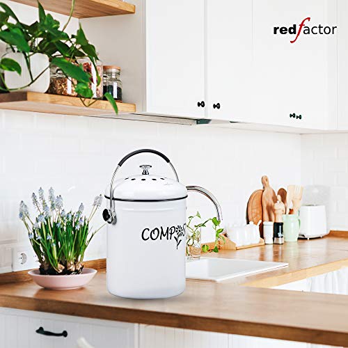RED FACTOR Deluxe Seau Compost Inodore en Acier Inoxydable pour Cuisine - Poubelle Compost Cuisine - Comprend Filtres à Charbon de Rechange (Designer Blanc, 5 litres)