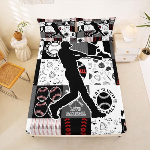 Image of Castle Fairy Baseball Player Fitted Sheet Set Full Size 4 Pcs,Patchwork Baseball Teens Sheets,Sports Geometric Grid Red Grey Bedding Sets (1 Fitted,1 Flat,2 Pillowcases) Luxury Deep Pocket Bed Sheets