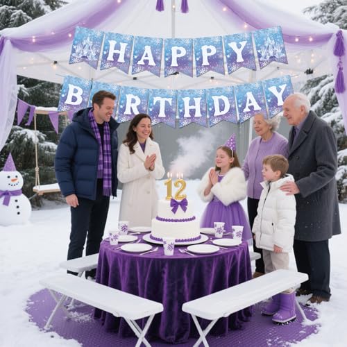 Image of Frozen Happy Birthday Banner - Winter Snowflake Garland Bunting for Winter Wonderland Birthday Christmas Party Decoration Supplies Girls Princess