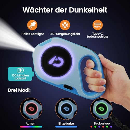 DAISTERN von BSWAY Hundeleine mit LED Licht 5m Ausziehbar, Wiederaufladbar über USB‑C, Einhand-Bremse, Anti-Verheddern für kleine & große Hunde bis 40KG