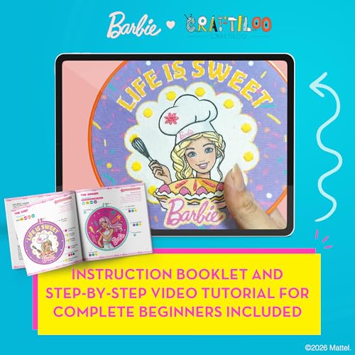 Image of Barbie Embroidery Kit for Kids Ages 8-12 - 8 Beginner Designs, 2 Hoops