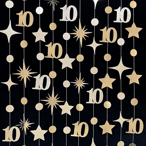 Image of Champagne Gold 10th Birthday Decorations Number 10 Circle Dot Star Garland Streamer Banner Backdrop for Girls Boys Double Digits Cheers to 10 Years Old Birthday Happy 10th Anniversary Party Supplies