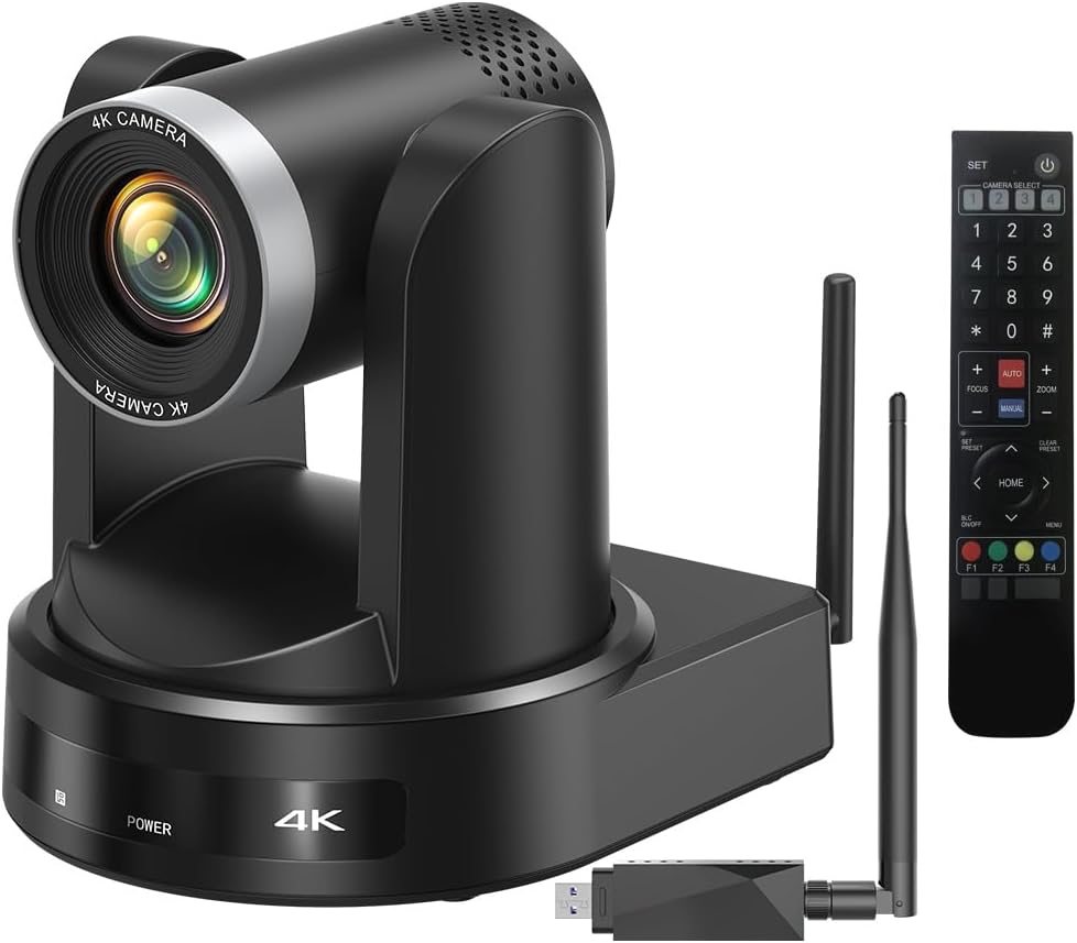 4K Wireless PTZ Camera AI Auto Tracking, Wireless/USB3.0/LAN, Video Conference Camera 12X Zoom, Low-light Enhancement, IP Live Streaming for Church, Education and Conferences, OBS vMIX, Easy Setup