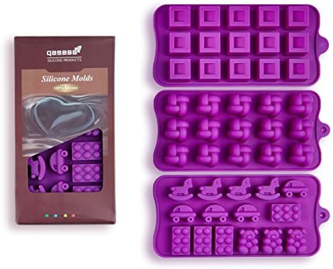 Silicone Chocolate Candy Molds, 3-Pack Set, Non-Stick Candy & Ice Cube Molds, Choice of Three Colors, Chocolate, Purple