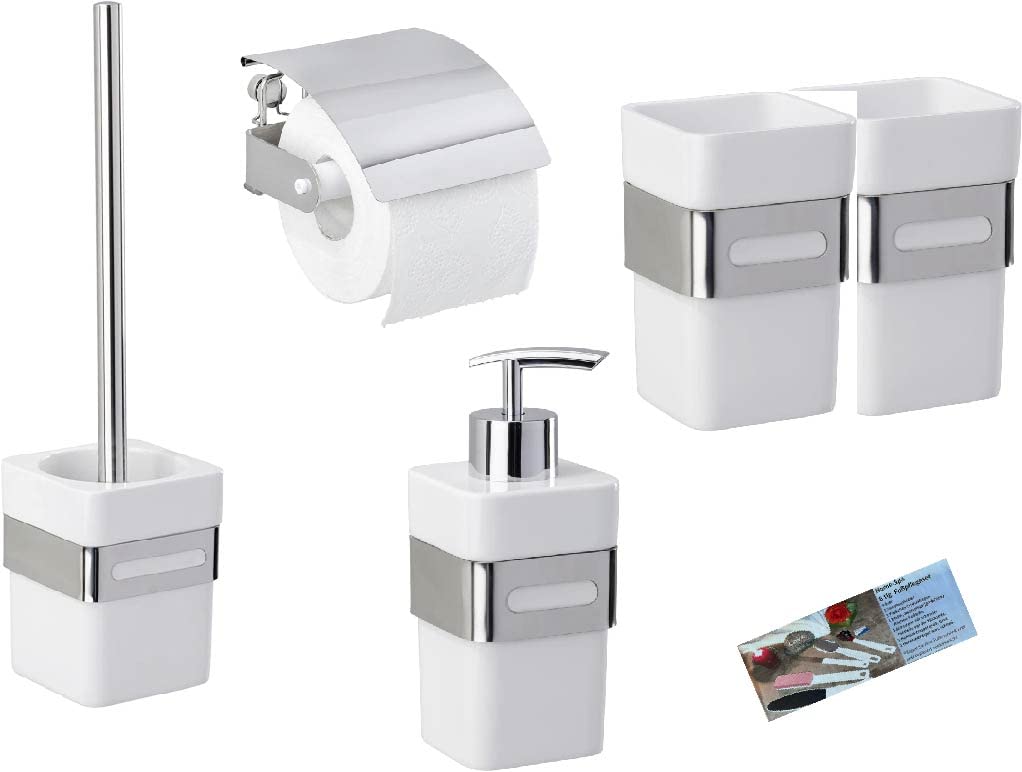 Juego de baño WENKO Premium Plus, compuesto por soporte de papel higiénico, guarnición de inodoro, 2 vasos para cepillos de dientes y dispensador de jabón + juego de cuidado de los pies