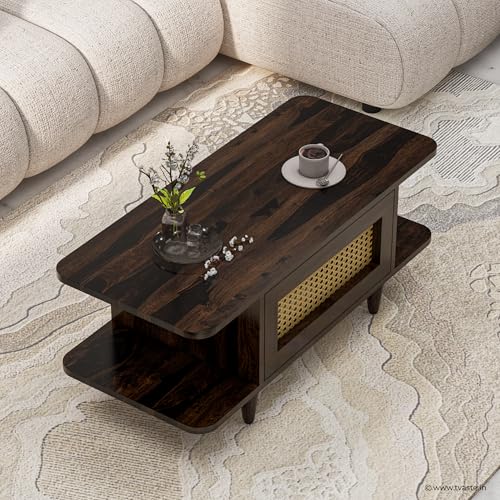 Image of SIDHI Solid Sheesham Wood Coffee Table & Center Table with Rattan Cane Lift-Down Shutter & Both Side Open Shelves for Living Room (Walnut Finish)