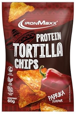 IronMaxx Protein Tortilla Chips – Paprika Bolsa de 60 g | Snack crujiente alto en proteínas de soja y yuca | Rico en fibra y sin gluten | Ideal para una dieta consciente y para llevar