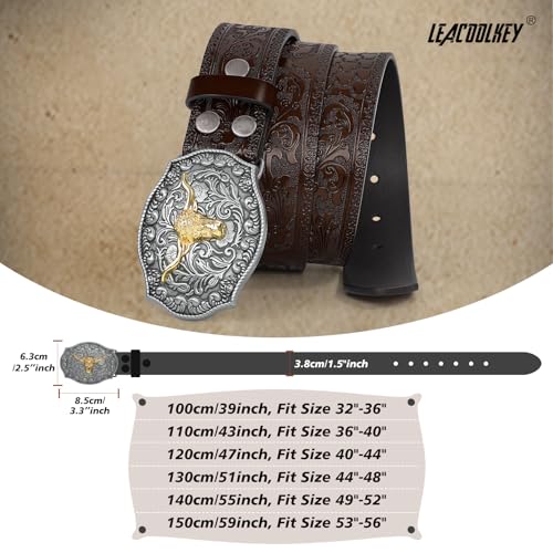 LEACOOLKEY Western pasek dla mężczyzn i kobiet, kowbojski, tłoczony, grawerowany, skórzany pasek z klamrą do dżinsów, spodni, rodeo, (100CM)Passend für Taillenumfang 89cm-99cm