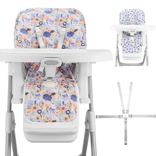Lunobubo Baby High Chair Cover 2-in-1 Reversible, Includes 5-Point Harness Strap, Waterproof & Soft Side High Chair Pad Cushion, Machine Washable, Extra Thick Highchair Protector-Blue