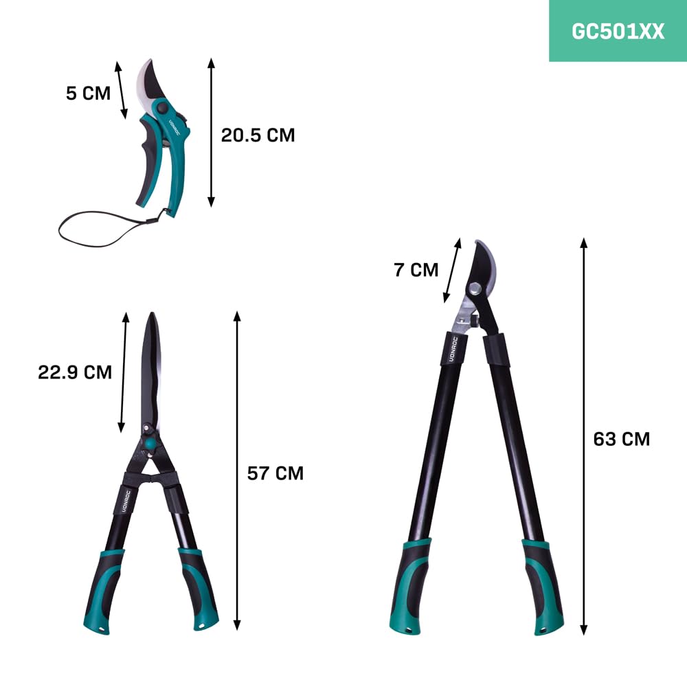 VONROC Set di cesoie da potatura da 3 pezzi. Include troncarami, cesoie per siepi e forbici. Dotate di softgrip