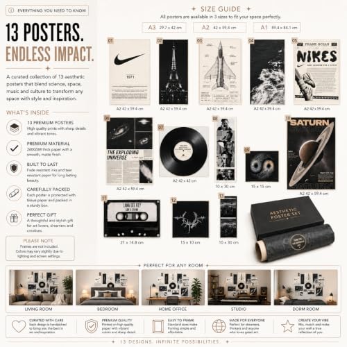 Image of 11 Piece Vintage Aesthetic Poster Set | 300 GSM Multi-Sized Wall Posters with Adhesive Tape | Nike, Space, Saturn, Music & Retro Art Prints for Bedroom, Room Decor, Home Decor & Wall Art