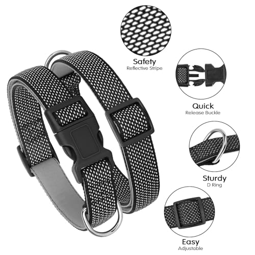 Didog Reflektierendes Hundehalsband mit Schnalle, verstellbar, weiches Neopren, gepolstert, Nylon, Haustierhalsbänder für kleine, mittelgroße und große Hunde, Schwarz, M
