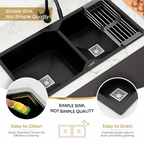 Image of LAPO Dual Bowl Quartz Granite Kitchen Sink | 37x18 Inch UV Protected Surface & Reduce Water Splash Noise | Tap Hole, Coupling, Drain Basket & Hose Pipe | 3 Year Warranty (Black Metallic)