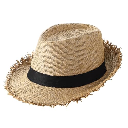 XGOPTS Mens Panama Hat Fedora Trilby Straw Sun Hat Short Brim Jazz Cap Summer Outdoor Casual UV Protection Panama Cap for Beach Holiday Traveling Khaki