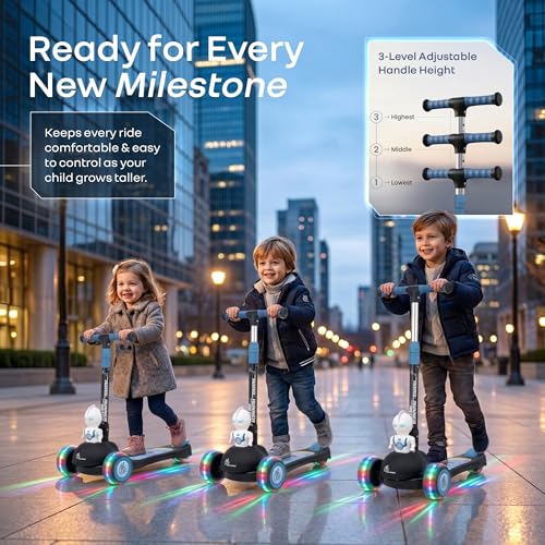 Image of R for Rabbit Road Runner Astro Kids Scooter, Multi Level Adjustable Height, Smart Fold & PU LED Wheels Kick Scooter with Brake for 3+ Years Kids, Weight Capacity Upto 75kgs (Black)