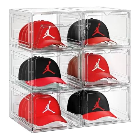 SCAVATA 6 Pack Hat Organizer Box, Stackable Clear Baseball Caps Holder Box Containers with Magnetic Door for Hats Snapback Cap Storag, Hat Rack Display Case, Holds 8 Hats Each (Clear) Cover