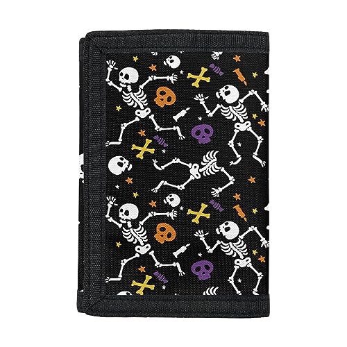 Coldinair Halloween Skeleton Print RFID Trifold Canvas Wallet Credit Card Holder for Outdoor for Women Kids Boys Girls Teens Skull Candy and Stars -Black2