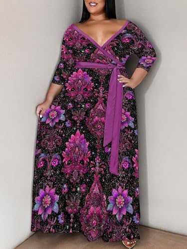Image of SUZONANA Women's Plus Size Maxi Dresses Casual Loose Short Sleeve Long Maxi Dress with Belt Wedding
