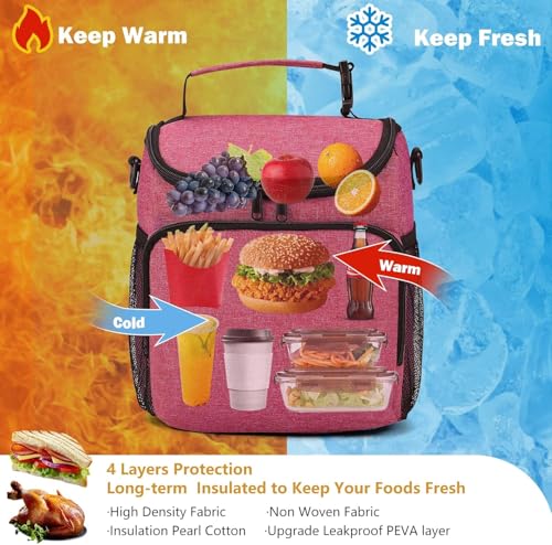 Image of Insulated Lunch Bag with Shoulder Strap, Large Cooler Tote Bag, Black, for Work and Travel (Pink)