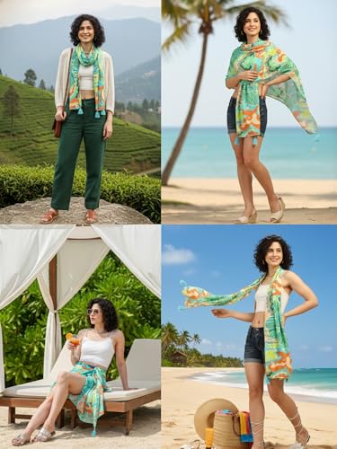 Image of KE KANHA EXPORTS Scarf for Women Boho | Border Print Stylish | Stole for Women Breathable Summer Beach Wrap with Tassels | Multicolour |180 x 50 cm FREE Scrunchie Included