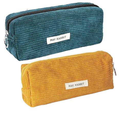 SHUOHONG 2 Pièces Trousse Scolaire Velours Côtelé Grande Capacité, Sac de Rangement Portable à Crayons Zippée pour Fille Garçon (Vert+Jaune)