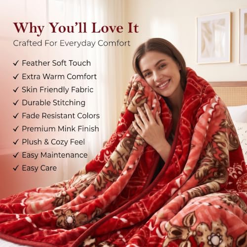 Image of BSB HOME Double Bed Mink Blanket 1.5 Kg, Velvet Like Soft Plush Fleece Blanket, Warm Lightweight Winter AC Blanket,Skin Friendly Floral Blanket for Double Bed,78 x 75 Inches(198 x 190 cm) - Scarlet