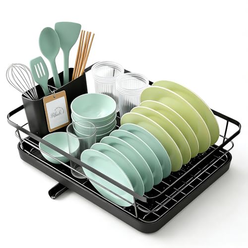 Ribech Egouttoir Vaisselle Cuisine Noir - Egoutoire Compact et Gain de Place, Seche Vaisselle en Acier Inoxydable avec Porte-Couverts, 30,5 x 38,1 x 12,5 cm