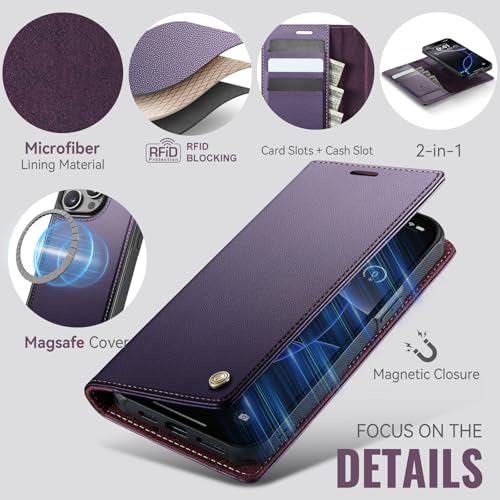 Image of Wallet Case for iPhone 13 Pro Max Compatible with Magsafe, 2-in-1 PU Leather Flip RFID Blocking Card Holder Stand Shockproof Magnetic Detachable Cover for iPhone 13 Pro Max, Fashion Purple