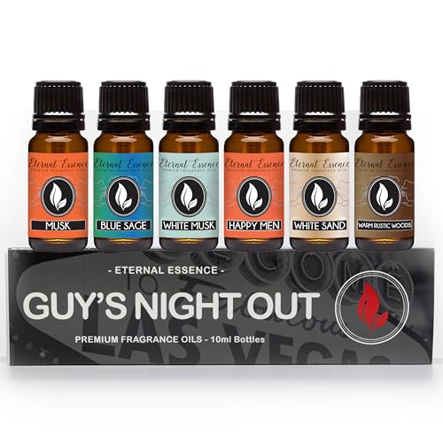 Eternal Essence Oils Guys Night Out Set of 6 Premium Fragrance Oils - Includes Including Happy Men Blue Sage White Sand Warm Rustic Woods Musk and White Musk Scented Oils - 10ML