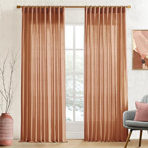 Image of XTMYI 70 Inches Wide Terracotta Country Curtains for Living Room,Sheer Linen Curtains for Bedroom 96 Inches Long