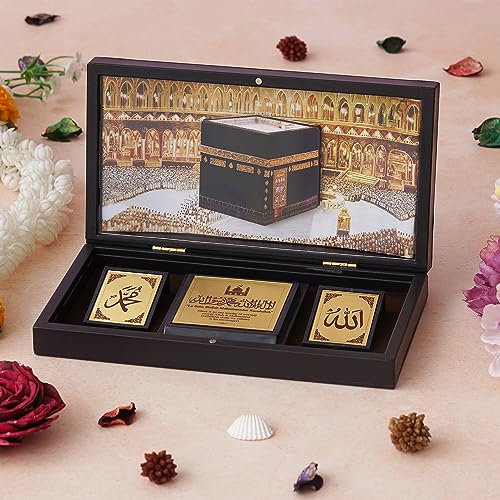 Image of 24K Gold Plated Religious Frame Photo Frame with Charan Paduka Return Gifts for Home Puja Office (Makkah Madina)
